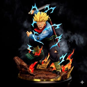 Puede incluir: Figura detallada de un personaje con cabello rubio puntiagudo, vistiendo una chaqueta azul, pantalones negros y bufanda roja, empuñando una espada. La figura está rodeada de energía azul y llamas, con la palabra "HOPE" visible.