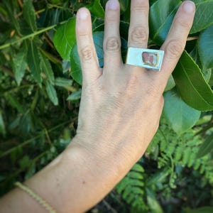 Peut inclure: Bague argentée ornée d'une pierre rectangulaire brun-rouge sertie dans un cadre doré. La main portant la bague est également ornée d'un bracelet doré. Fond de feuilles vertes.