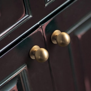 May include: Close-up of two brass-coloured spherical cabinet knobs mounted on a dark brown cabinet door. The door has a recessed panel design with beveled edges. The knobs are centred on the door panels, providing a classic hardware detail.