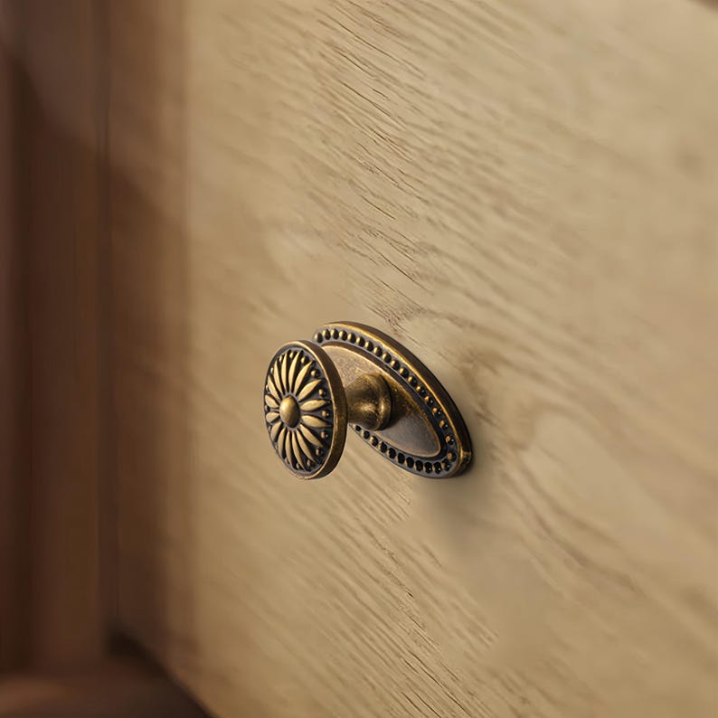 Peut inclure: Gros plan d'une poign&eacute;e de tiroir en laiton antique. La poign&eacute;e pr&eacute;sente un bouton rond avec un motif de soleil et une plaque arri&egrave;re ovale avec un bord perl&eacute;. La quincaillerie est mont&eacute;e sur une surface en bois clair.