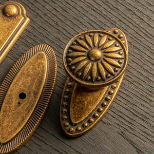 Peut inclure: Gros plan sur des ferrures en laiton antique, dont un bouton de porte d&eacute;coratif avec un motif floral et des plaques ovales. La quincaillerie a une esth&eacute;tique vintage et est pos&eacute;e sur une surface &agrave; grain de bois fonc&eacute;.