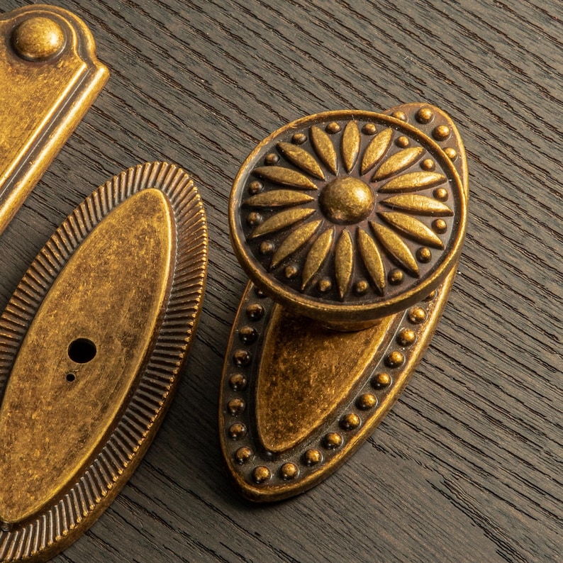 Peut inclure: Gros plan sur des ferrures en laiton antique, dont un bouton de porte d&eacute;coratif avec un motif floral et des plaques ovales. La quincaillerie a une esth&eacute;tique vintage et est pos&eacute;e sur une surface &agrave; grain de bois fonc&eacute;.