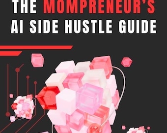 May include: Book cover with a black background and red accents. The title reads "AI Made Simple: The Mompreneur's AI Side Hustle Guide." The cover features a cluster of pink and red geometric shapes, with the author's name at the top.