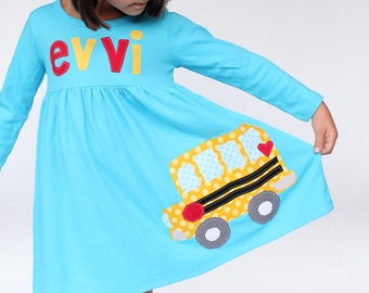 Back to School Dress, School Bus Dress, Personalized Back to School Bus Dress, You Choose Sleeve Length and Color