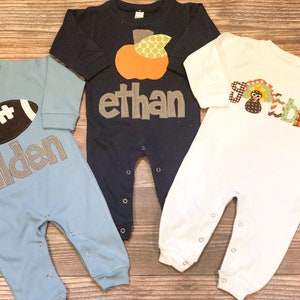 Fall Pumpkin Thanksgiving Holiday Baby Boy Romper/Personalized Romper/Baby Shower Gift/Baby Toddler Romper