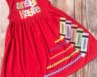 Back to School Outfit, Back to School Dress, Crayon Applique  - Toddler Dress or Girl's Dress- Choose Dress Color and Sleeve Length