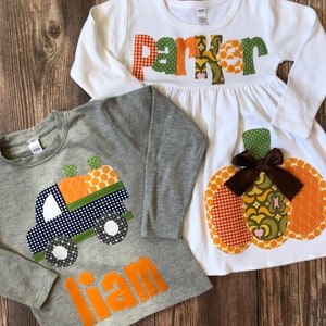 Pumpkin Shirt, Fall Shirt for Boys Pumpkin Applique Shirt You Choose Shirt Color and Sleeve Length image 4