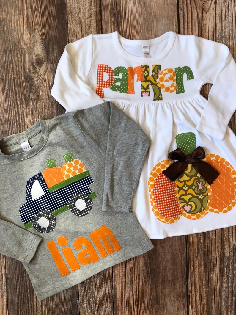 Pumpkin Shirt, Fall Shirt for Boys Pumpkin Applique Shirt You Choose Shirt Color and Sleeve Length image 4