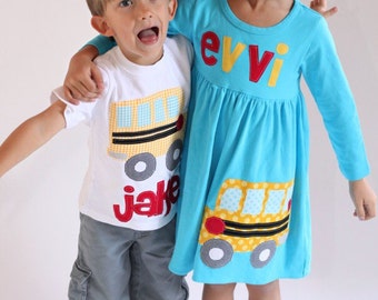 Back to School Sibling Set, School Bus Matching Outfit, Personalized Back to School Brother Sister, you Choose Sleeve Length and Color