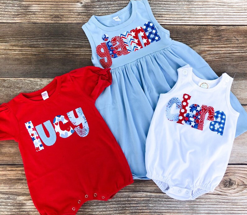 4th or July Personalized Outfit, Patriotic Dress, Romper, Bubble, Tee, Red White and Blue Personalized Name 