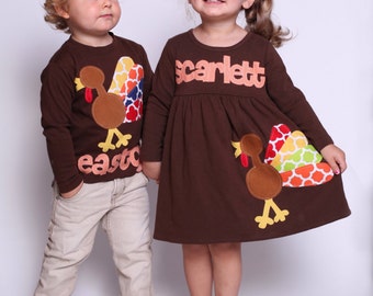 Thanksgiving Dress Shirt Set - Brother Sister Sibling Set -  Thanksgiving Applique Outfits