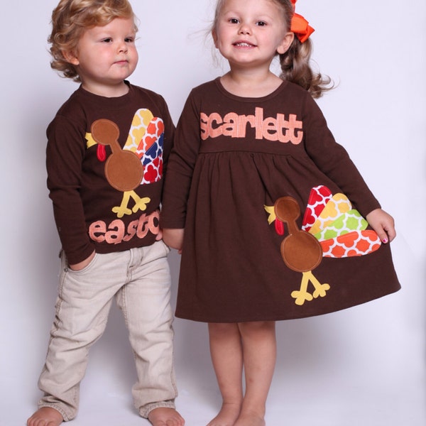 Thanksgiving Dress Shirt Set - Brother Sister Sibling Set -  Thanksgiving Applique Outfits