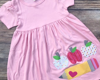 Back to School Outfit, Back to School Dress, Pencil and Apple Applique  - Toddler Dress or Girl's Dress- Choose Dress Color and Sleeve