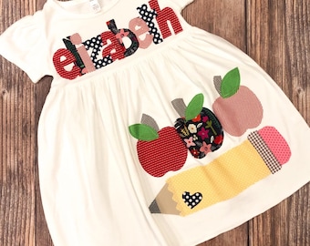 Back to School Outfit, Back to School Dress, Pencil and Apple Applique  - Toddler Dress or Girl's Dress- Choose Dress Color and Sleeve