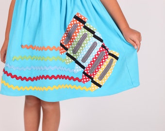 Back to School Dress, Crayon Applique, Toddler Dress or Girl's Dress- Choose Dress Color and Sleeve Length