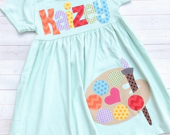 Back to School Dress Paint Palette Applique, Paint Dress, Toddler Dress or Girl's Dress- Choose Dress Color and Sleeve Length