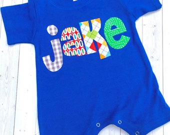 Baby Boy Romper/Personalized Romper/Baby Shower Gift/Baby Toddler Romper Sunsuit with Name