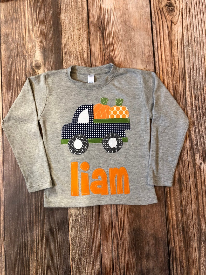 Pumpkin Shirt, Fall Shirt for Boys Pumpkin Applique Shirt You Choose Shirt Color and Sleeve Length image 3