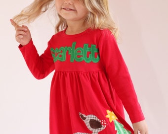 Toddler Christmas Dress - Personalized Christmas Dress- Reindeer Appliqué Dress