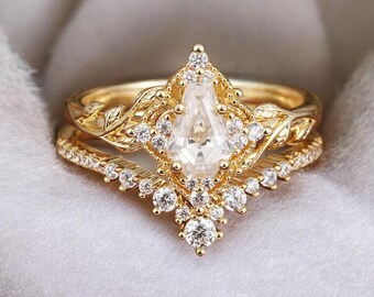 Vintage Moissanite Hexagon Cut Verlobungsring Set | 14K Blattgold Filigree Braut Ring