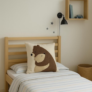 Hugging Bear Punch Needle Pillow Cover Nursery Cushion Case Only - Handmade Animal Embroidered Cover - No Insert