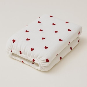 Muslin Fitted Crib Sheet 70x130 | Red Heart Pattern | Soft Cotton Baby Bedding