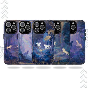 May include: A collection of five phone cases featuring a fantasy forest scene with unicorns. The cases have a dark blue and purple color scheme with gold accents. The design includes trees, stars, and the mythical creatures.