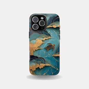 May include: A phone case featuring a teal and gold abstract design with a sea turtle illustration. The case has a glossy finish and a dark blue border. The design resembles ocean waves with gold accents.