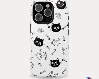 Playful Doodles Phone Case, Minimalist Illustrated Faces, Cat Lover Gift