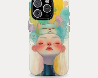 Dreamy Cat Illustration Phone Case for iPhone, Samsung, Pixel