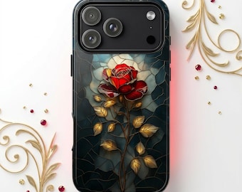 Stained Glass Rose Phone Case, Red Gold Floral Art Cover, Artistic Blue Design