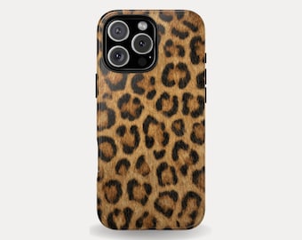 May include: A phone case with a leopard print design. The case features a pattern of brown and black spots on a tan background. The case has a glossy finish and a camera cutout.