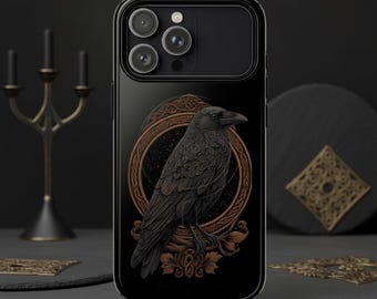 Gothic Raven MagSafe Phone Case: Nordic Celtic Art, Black & Gold