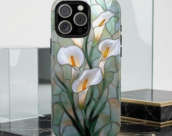 Stained Glass Calla Lily Phone Case, Elegant White Floral Art, Art Nouveau Cover