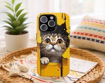 Curious Cat Peeking Phone Case, Whimsical Feline Illustration, Protective Cover