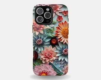 May include: A phone case with a floral design. The case features a variety of colorful flowers in shades of pink, orange, blue, and red. The flowers are arranged in a layered pattern, creating a three-dimensional effect. The case has a glossy finish.