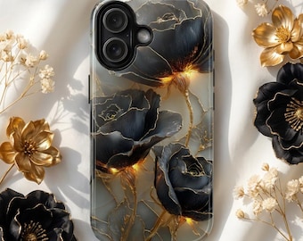 Black Gold Floral Phone Case, Dark Rose Artistic Cover, Glossy Metallic Design