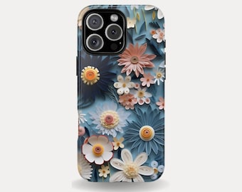 Può includere: Una custodia per telefono con un design floreale. La custodia presenta uno sfondo azzurro con una serie di fiori di carta nei toni del bianco, rosa e blu. I fiori hanno centri gialli e sono disposti in un motivo ripetuto.