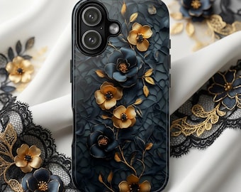 Luxury Lace Floral Phone Case, Black Gold Textured Design, Artistic Floral Cover