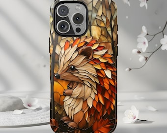 Stained Glass Hedgehog Phone Case, Woodland Animal Art, Nature Inspired Design