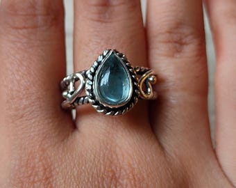 Natural Aquamarine Gemstone Ring 925 Sterling Silver Statement Jewelry Gift for Her