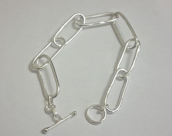 Pulsera artesanal de cadena de clip de plata 925 reciclada, 7,5 pulgadas
