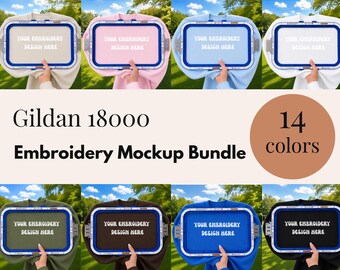 14 Color Gildan 18000 Embroidery Mockup Bundle | Unisex Sweatshirt Mockup Photos | Embroidery Hoop Mockups l Mockups for Embroidery Business