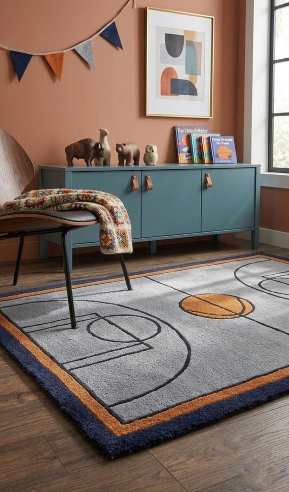 Basketball Court Rug, Kids Sports Bedroom Decor, Nursery Playroom Area Rug, Boy Room Aesthetic Carpet, Basketball Fan Gift, Gray Orange Blue