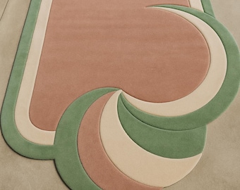 Hand-Tufted Abstract Wool Rug, Earthy Green, Beige, Terracotta, Modern Sculptural Art