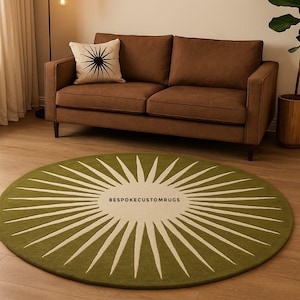 Mid-Century Modern Rund Teppich: Grün Creme Sunburst Design