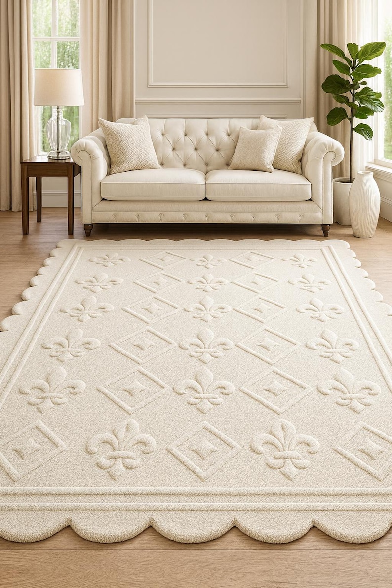 Cream Color Area Rug Cream Embossed Fleur-de-lis Rug, Elegant Scalloped Edge - Etsy