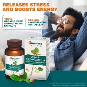 May include: An advertisement for Himalaya Organic Ashwagandha supplements. The image features a man relaxing, and a bottle and box of the product. Text on the packaging highlights the product's benefits and ingredients, including 670 mg of Ashwagandha per tablet.