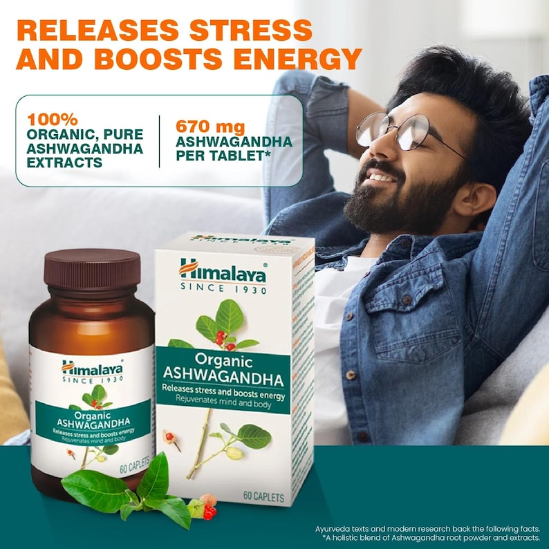 May include: An advertisement for Himalaya Organic Ashwagandha supplements. The image features a man relaxing, and a bottle and box of the product. Text on the packaging highlights the product's benefits and ingredients, including 670 mg of Ashwagandha per tablet.