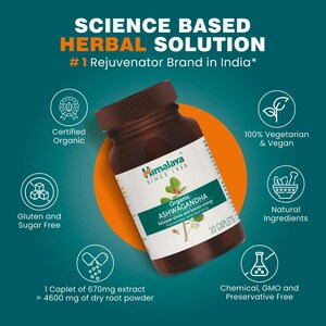 May include: A brown bottle of Himalaya Organic Ashwagandha capsules. The label indicates the product is gluten and sugar-free, certified organic, and contains 30 caplets. The image also highlights that the product is vegetarian, vegan, and free of chemicals, GMOs, and preservatives.